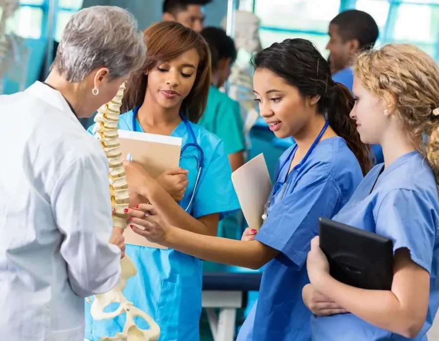 Three nursing students learning skeletal structure from nurse teacher